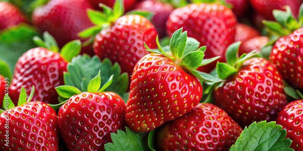 A vibrant close-up of fresh, ripe strawberries, showcasing their deep red color and juicy texture, nestled amongst lush green leaves. A vibrant close-up of fresh, ripe strawberries, showcasing their deep red color and juicy texture, nestled amongst lush green leaves.
