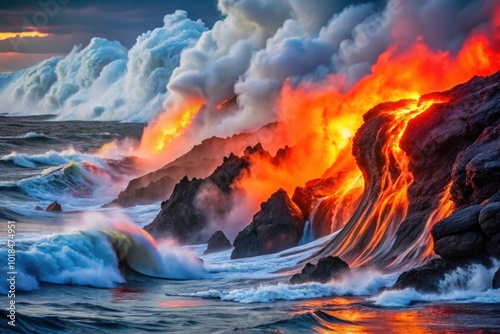 AI generated The dramatic scene captures the powerful eruption of a volcano with glowing lava flow and magma from global warming effect against a stunning phenomenon with sunset sky