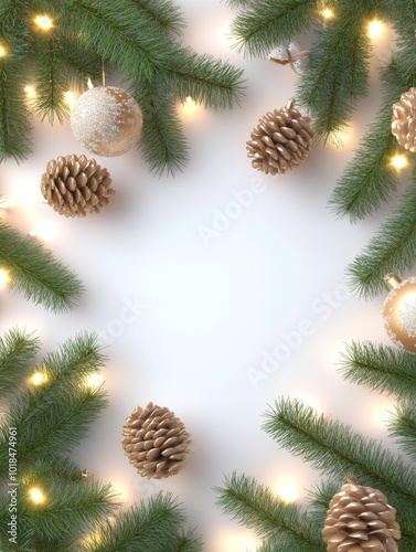 Wallpaper Mural Christmas frame with snow-covered pinecones, baubles, and evergreen branches on a white background. Torontodigital.ca