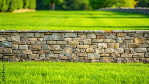 Stone fence with vibrant green grass lawn in the background, stone, fence, green, grass, lawn, background, nature