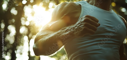 Athletic man running outdoors in nature with sun rays filtering through the trees.