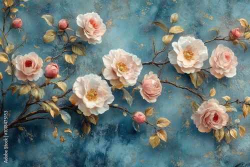 intricate wallpaper design featuring rococostyle floral blooms in pastel shades of blue and gold creating a dreamy and luxurious fairytale aesthetic that captivates the imagination photo