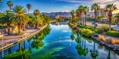 Discover the allure of Laughlin, Nevada's Riverwalkâ€”a beautiful blend of vibrant landscapes and peaceful water reflections, inviting leisurely walks and moments of pure serenity. photo