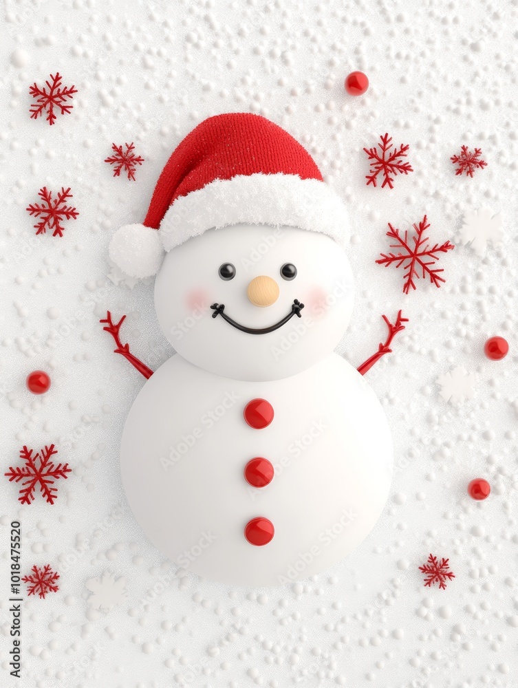 Cute snowman with red Santa hat, buttons, and snowflake decorations on a snowy white background.