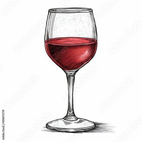 Wine Glass  Vintage Woodcut Etching. A wine glass filled with red wine,  illustration in a retro vintage woodcut etching style