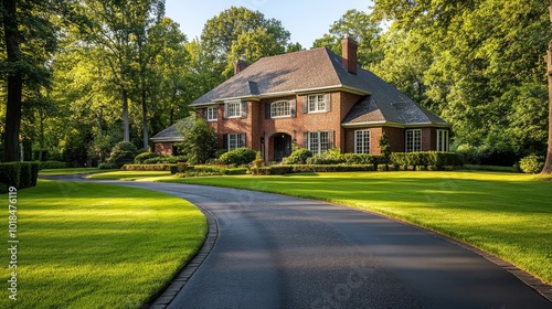 Brick House with Curved Driveway and Lush Green Lawn