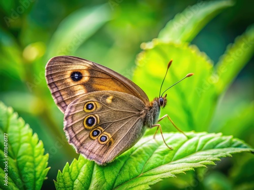 A delicate Wood Satyr butterfly rests gracefully on vibrant green leaves, blending harmoniously with its natural outdoor habitat, showcasing the beauty of nature's design.