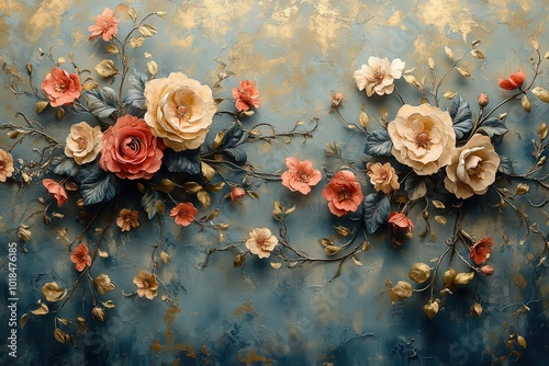 intricate wallpaper design featuring rococostyle floral blooms in pastel shades of blue and gold creating a dreamy and luxurious fairytale aesthetic that captivates the imagination photo