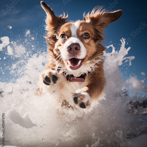 A dog running through the snow. Collie in the snow jumping front view.