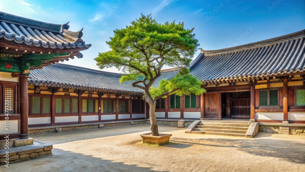 Courtyard of Korean Confucian Academy with small tree, western dormitory, and pavilion , Joseon Dynasty Courtyard of Korean Confucian Academy with small tree, western dormitory, and pavilion , Joseon Dynasty