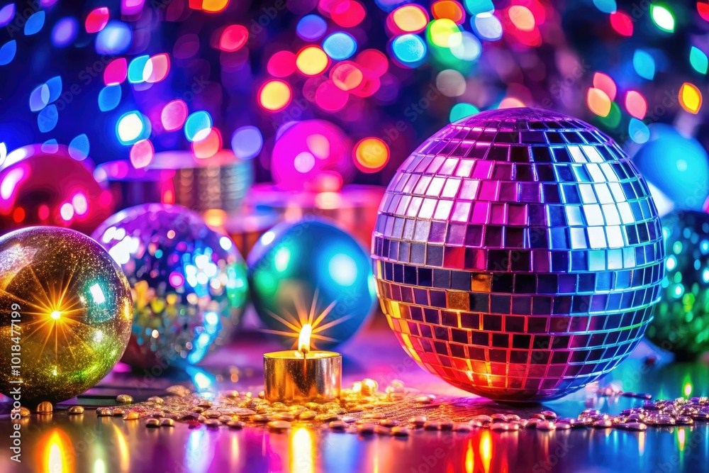 A dynamic 1980s celebration features bright decorations, a shimmering disco ball overhead, and a retro music setup, immersing guests in a fun, nostalgic vibe. A dynamic 1980s celebration features bright decorations, a shimmering disco ball overhead, and a retro music setup, immersing guests in a fun, nostalgic vibe.