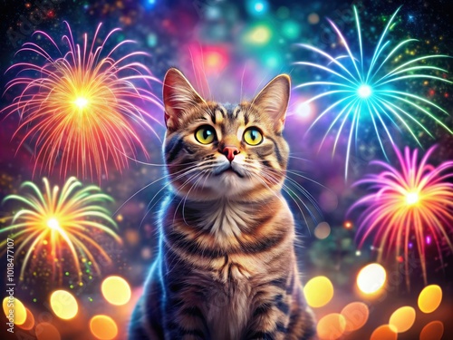 Adorable cat rings in New Year 2024, surrounded by vibrant decorations and brilliant fireworks lighting up the night sky in celebration. Pure festive joy!