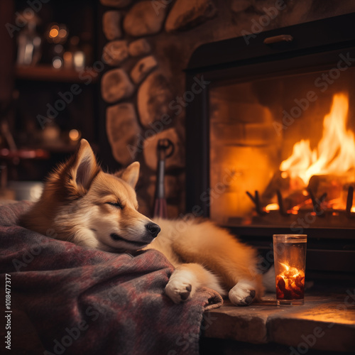 Dog relaxing near burning fireplace with a blanket enjoying a cozy autumn evening