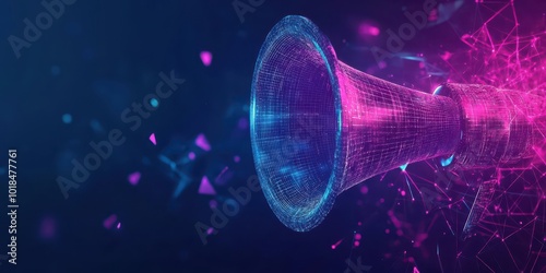 Futuristic communication through a holographic megaphone, radiating data and geometric particles, empty space for advertising