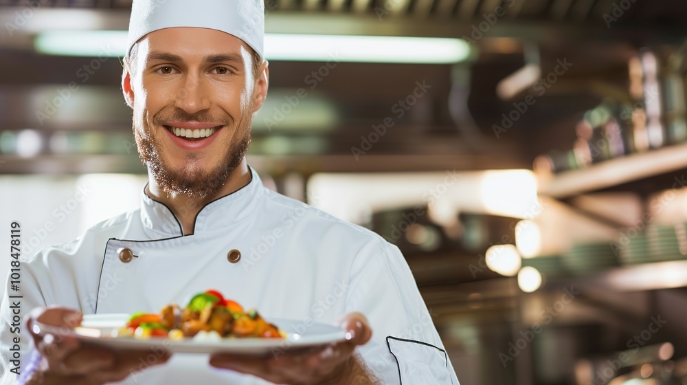 Chef holding a plate of beautifully arranged gourmet food, with a satisfied smile, symbolizing high food expectations and culinary excellence. Chef holding a plate of beautifully arranged gourmet food, with a satisfied smile, symbolizing high food expectations and culinary excellence.