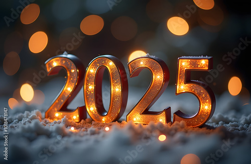 The glowing numbers 2025 are adorned with warm lights, surrounded by snow, creating a festive ambiance that signals the arrival of the New Year