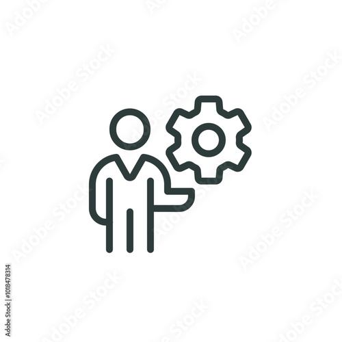 Learning meeting, training lesson, business presentation outline icon. Line sign man holding gear, cogwheel. Vector isolated pictogram for web and app on white background editable stroke.
