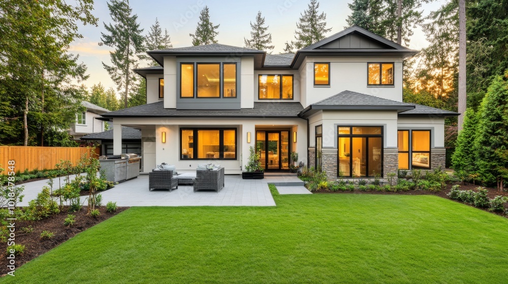 Modern two-story house with patio and backyard Modern two-story house with patio and backyard
