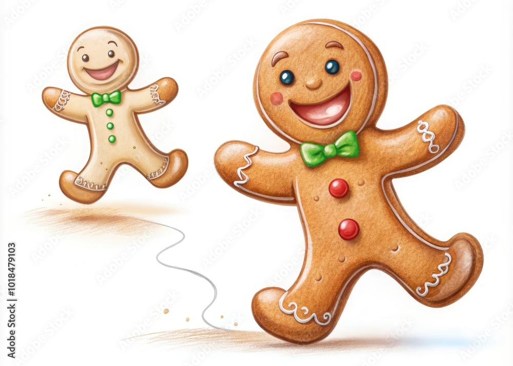 Draw an outline of a gingerbread man, giving him a running pose. Add facial details and festive icing. Color brown and embellish with bright accents. Draw an outline of a gingerbread man, giving him a running pose. Add facial details and festive icing. Color brown and embellish with bright accents.