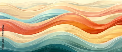 Abstract image shows dynamic wave pattern with vibrant gradient colors suggesting rhythmic sea movement, energy, and flow through curved lines.