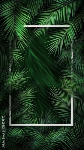 Lush tropical palm leaves create a verdant backdrop, framing a sleek white rectangular border. The contrast of nature and geometry offers a modern twist.