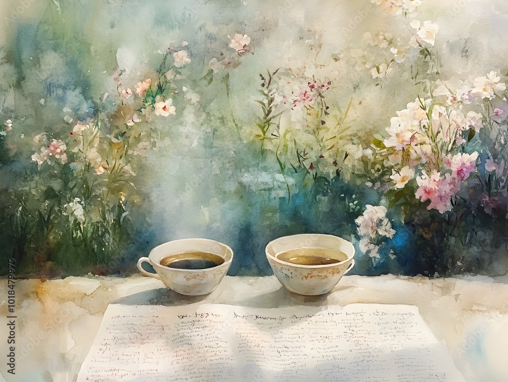 Cozy Floral Bouquet and Warm Beverage on Table with Open Book Cozy Floral Bouquet and Warm Beverage on Table with Open Book