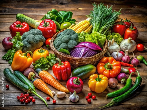 A lively mix of organic vegetables artfully arranged on a wooden table, inviting creativity in healthy cooking. Freshness and color inspire delightful culinary creations!