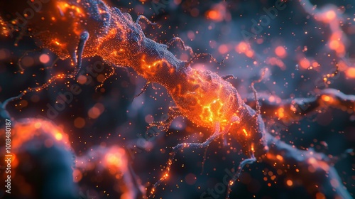 Abstract background of neural structures with gray spirals, orange particles and bright colors on dark blue background. Dynamic and futuristic mood.