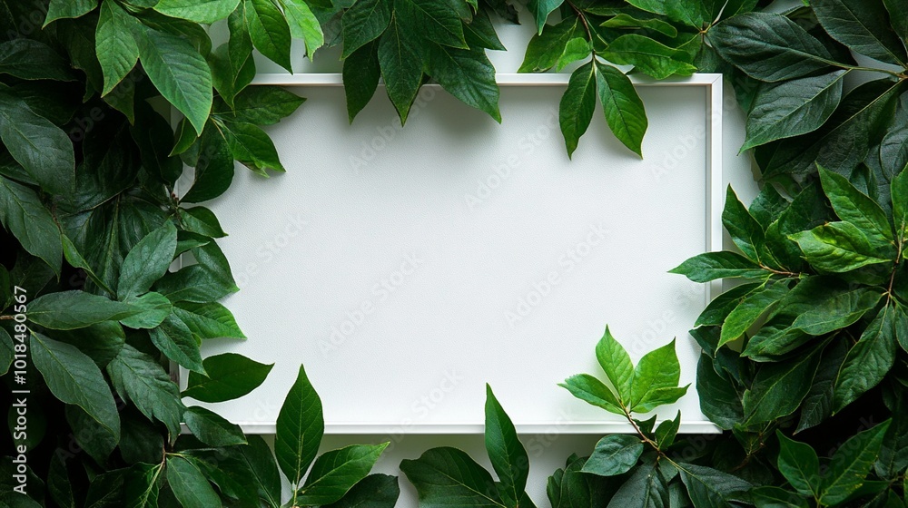 Lush green leaves frame a pristine white rectangular space, creating a natural border that invites creativity. Perfect backdrop for eco-friendly branding or nature-inspired designs. Lush green leaves frame a pristine white rectangular space, creating a natural border that invites creativity. Perfect backdrop for eco-friendly branding or nature-inspired designs.
