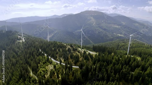 Drone shot of Wind turbines in Austria alps