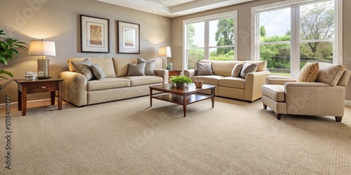 Comfortable living room with durable Berber carpet flooring in neutral beige
