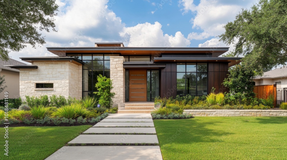 Modern House with Stone and Wood Facade and Landscaped Yard Modern House with Stone and Wood Facade and Landscaped Yard