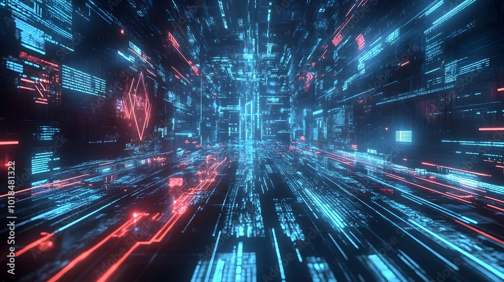 Glowing Futuristic Fractal Tunnel of Neon Light and Digital Data Flow Glowing Futuristic Fractal Tunnel of Neon Light and Digital Data Flow