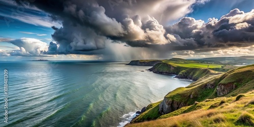 Cloudy sky and rain clouds over the ocean along the scenic Welsh coastal path and coastline, Clouds, rain, ocean, Welsh