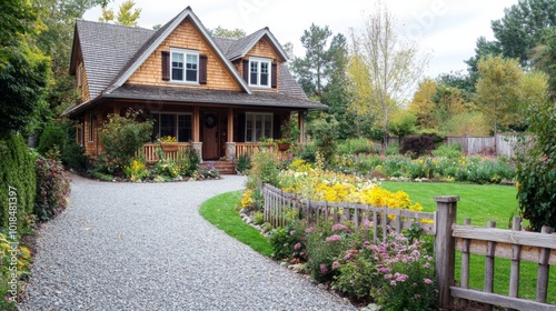 Wooden House with Gravel Driveway and Lush Garden photo