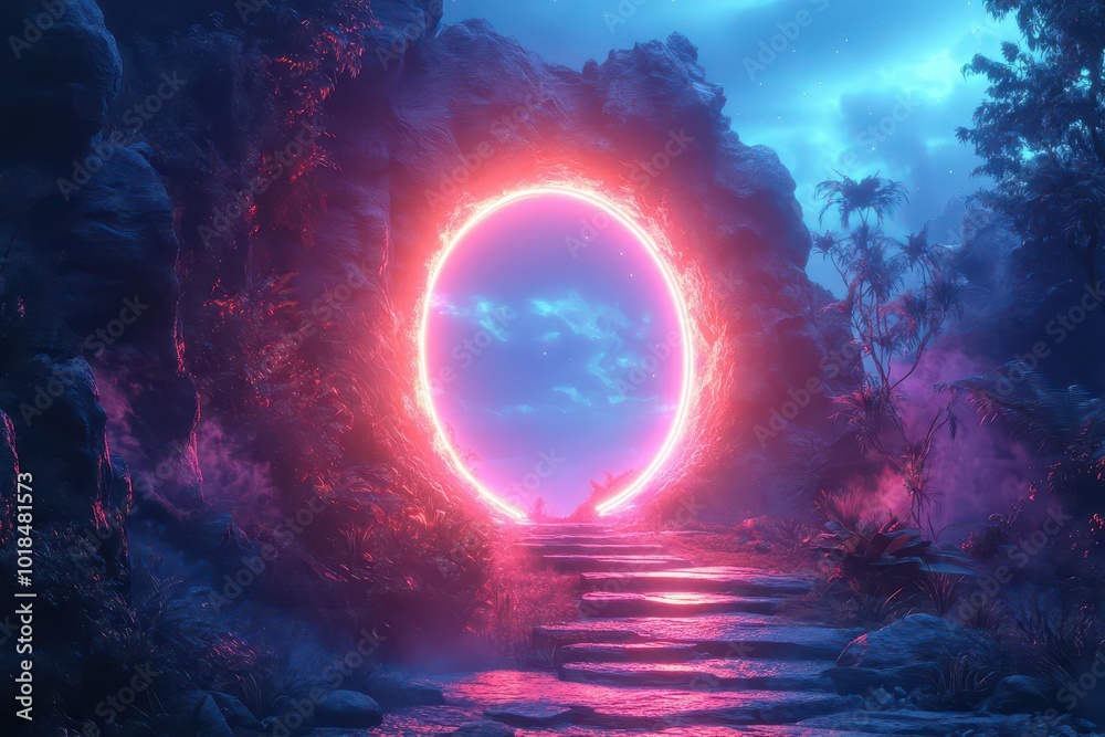 intriguing doorway or portal illuminated with neon lights nestled within a lush jungle blending elements of mystery and adventure in a synthwaveinspired aesthetic intriguing doorway or portal illuminated with neon lights nestled within a lush jungle blending elements of mystery and adventure in a synthwaveinspired aesthetic