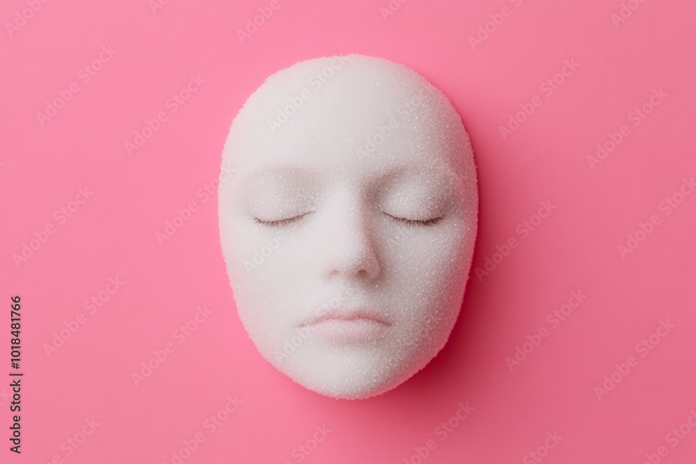 A foam mannequin head with closed eyes laying flat against a soft pink background, creating a serene and minimalistic look. A foam mannequin head with closed eyes laying flat against a soft pink background, creating a serene and minimalistic look.