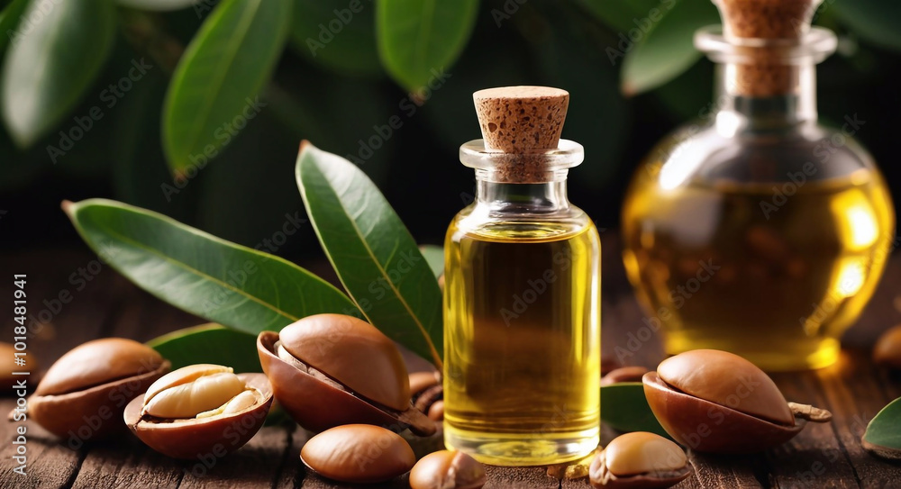 bottle of luxury argan oil with argan nuts and leaves around bottle of luxury argan oil with argan nuts and leaves around