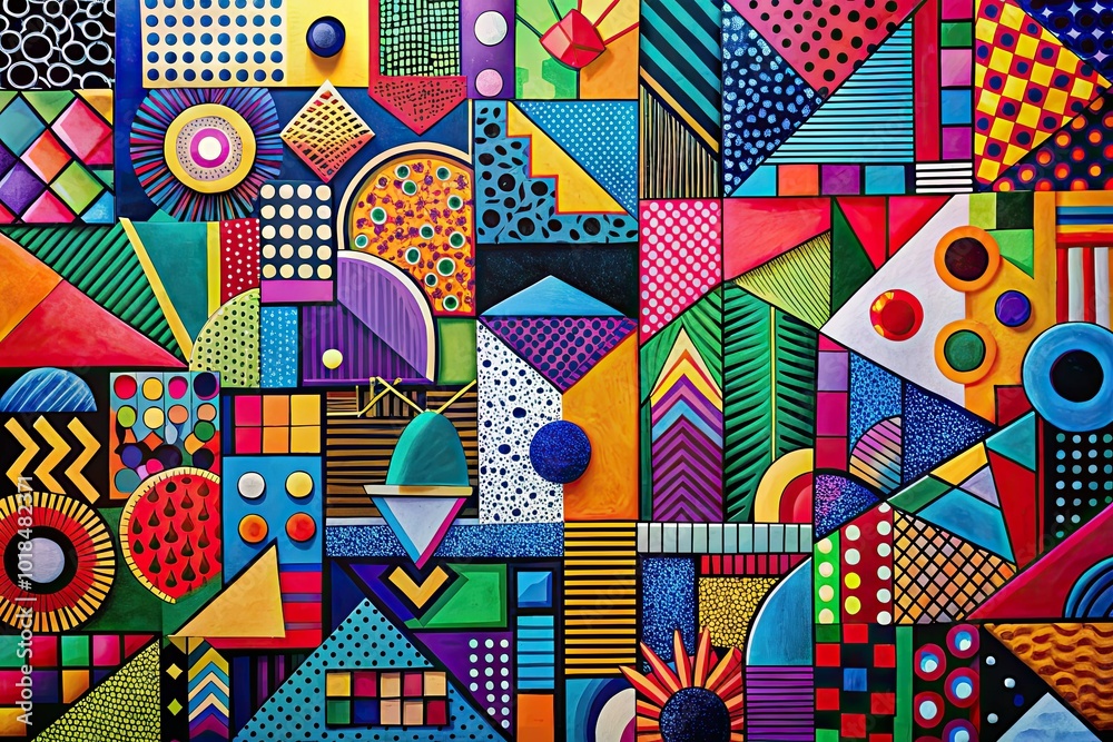 Dynamic 1980s abstract art, filled with geometric shapes and eye-catching patterns, ideal for creative spaces. Infuse your surroundings with vibrant energy and artistic flair. Dynamic 1980s abstract art, filled with geometric shapes and eye-catching patterns, ideal for creative spaces. Infuse your surroundings with vibrant energy and artistic flair.