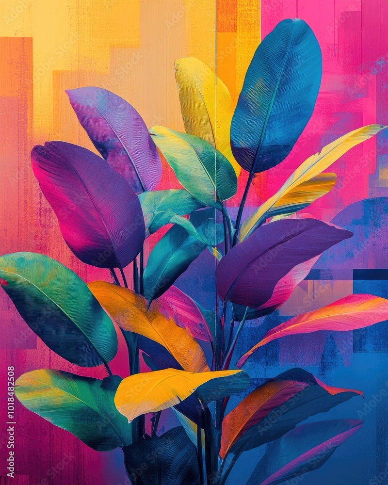 Vibrant Pop Art inspired nature scene featuring a lush exaggerated display of colorful botanicals and foliage set against a minimalist geometric background The striking Vibrant Pop Art inspired nature scene featuring a lush exaggerated display of colorful botanicals and foliage set against a minimalist geometric background The striking