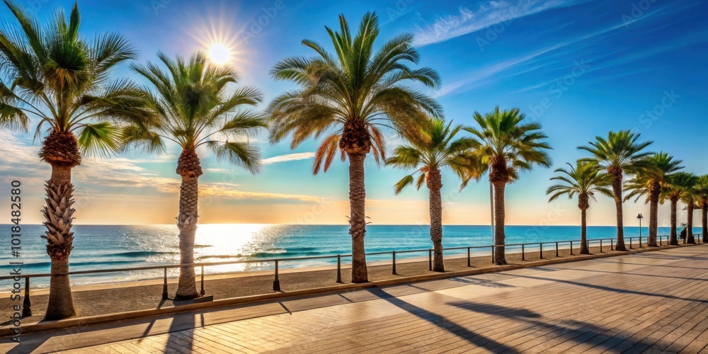 Sunny beach promenade with palm trees overlooking the sea, sunny, palm trees, promenade, sea, beach, ocean, tropical