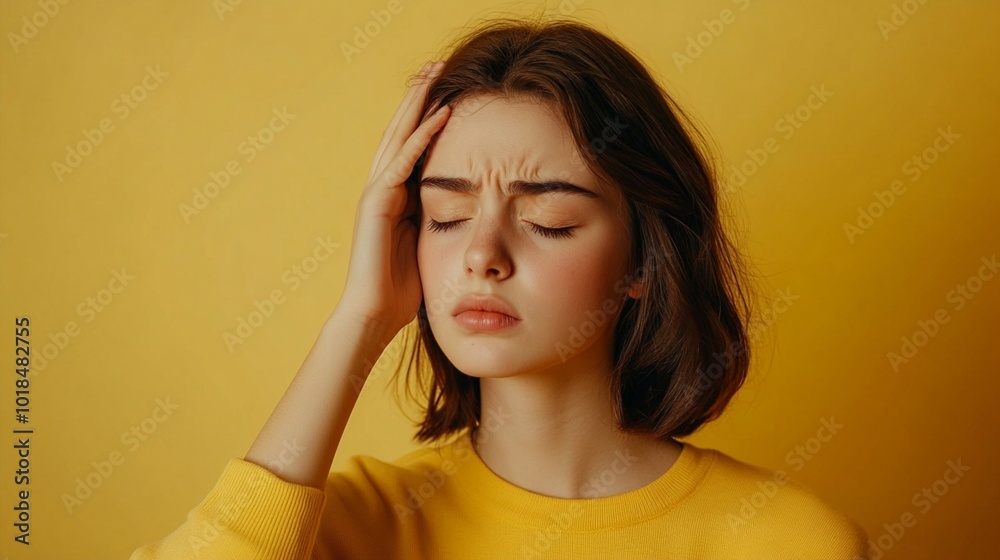 Woman in yellow sweater against vibrant yellow background, eyes closed, hand on forehead, expressing discomfort or stress. Minimalist portrait captures raw emotion. Woman in yellow sweater against vibrant yellow background, eyes closed, hand on forehead, expressing discomfort or stress. Minimalist portrait captures raw emotion.