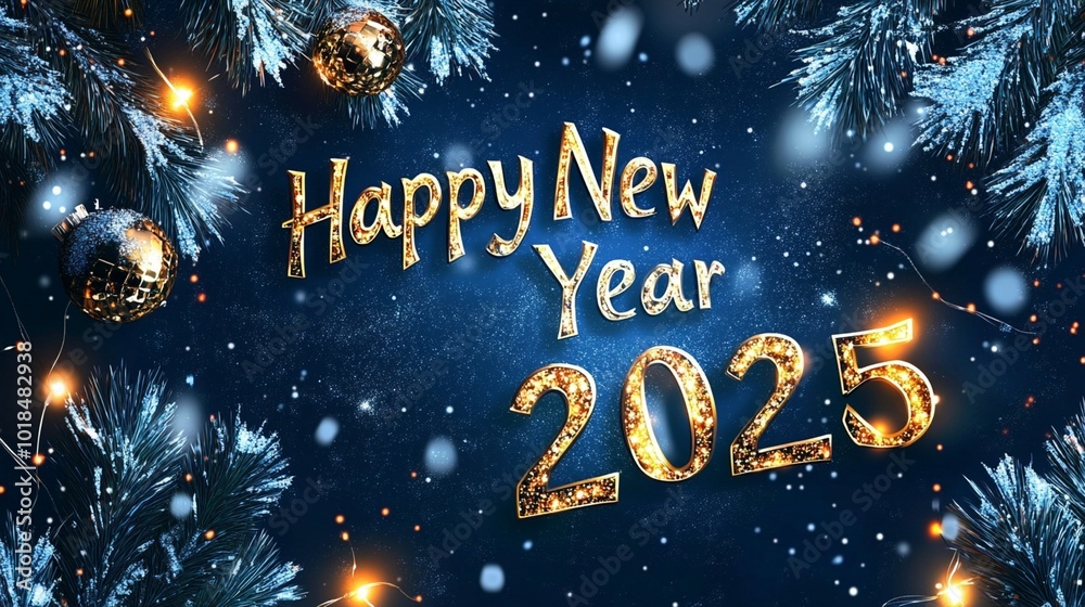 Festive New Year 2025 greeting card with golden text surrounded by snowy pine branches, glowing lights, and shimmering ornaments on a deep blue background. Festive New Year 2025 greeting card with golden text surrounded by snowy pine branches, glowing lights, and shimmering ornaments on a deep blue background.