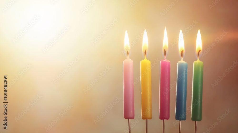 Colorful birthday candles glowing with soft light against a warm background. Colorful birthday candles glowing with soft light against a warm background.