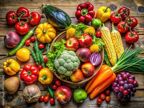 A lovely collection of colorful fresh fruits and vegetables artistically laid out on a rough-hewn wooden table, highlighting the vibrant hues of natureâ€™s harvest.