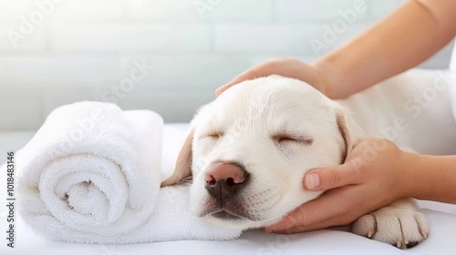 Adorable white puppy getting a relaxing spa treatment with soft towels.