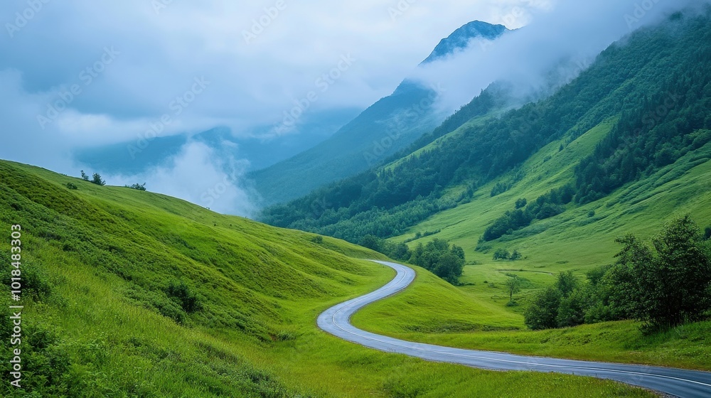 Scenic mountain road winding through lush greenery, adventure travel Scenic mountain road winding through lush greenery, adventure travel