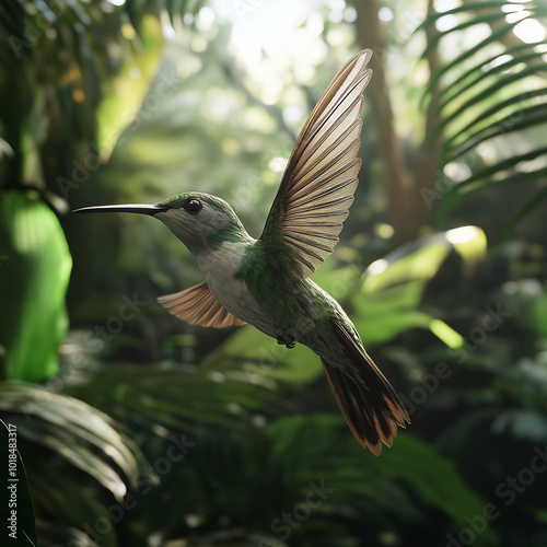  hummingbird in the jungle in mid flight with real textures photo