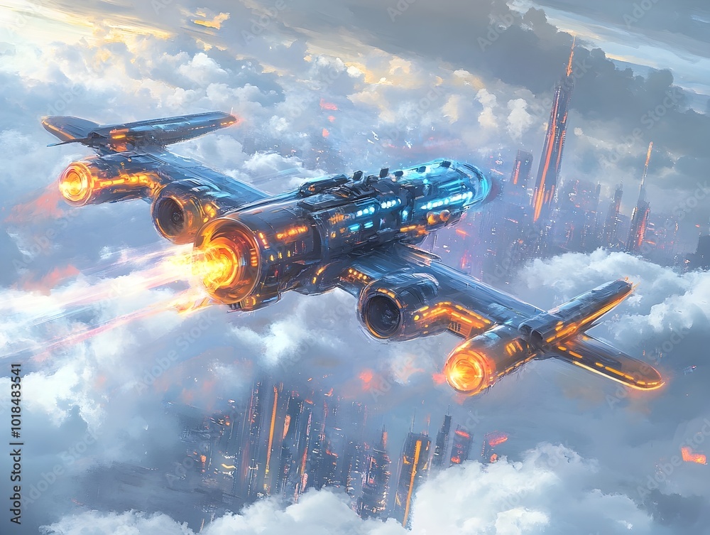 Naklejka premium Futuristic Spacecraft in Explosive Battle against Clouds and Sky