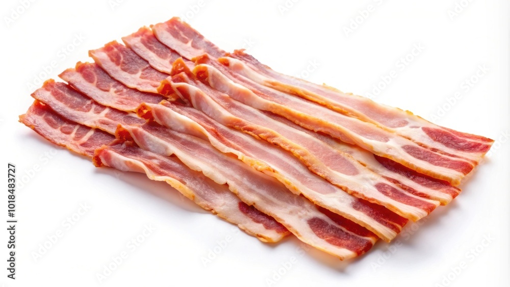 Sliced bacon strips isolated on white background, bacon, pork, food, crispy, breakfast, meat, cooked, delicious, thin, slices